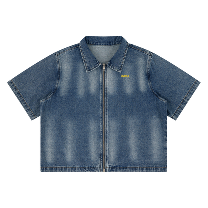 Unisex Vintage Washed Full-Zip Denim Shirt