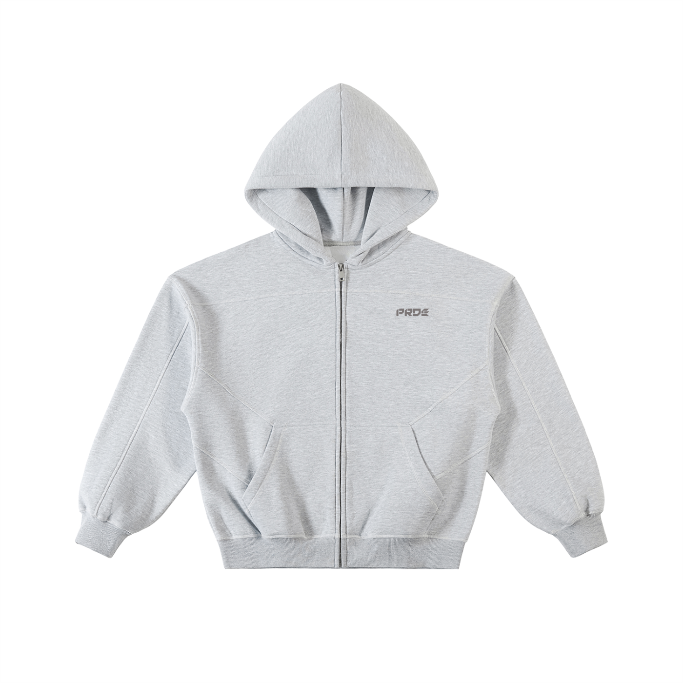 Contrast-Stitched Boxy Fleece Zip Hoodie Grey