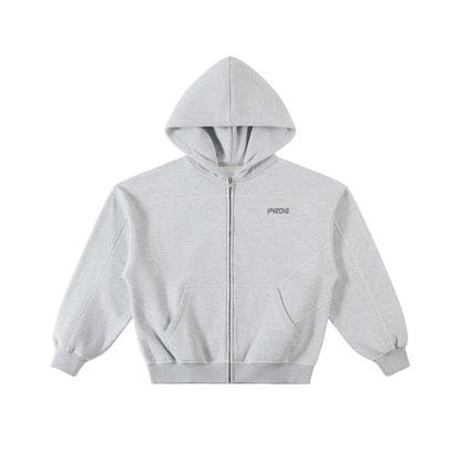 Contrast-Stitched Boxy Fleece Zip Hoodie Grey