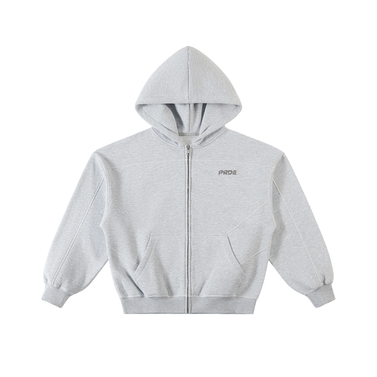 Contrast-Stitched Boxy Fleece Zip Hoodie Grey