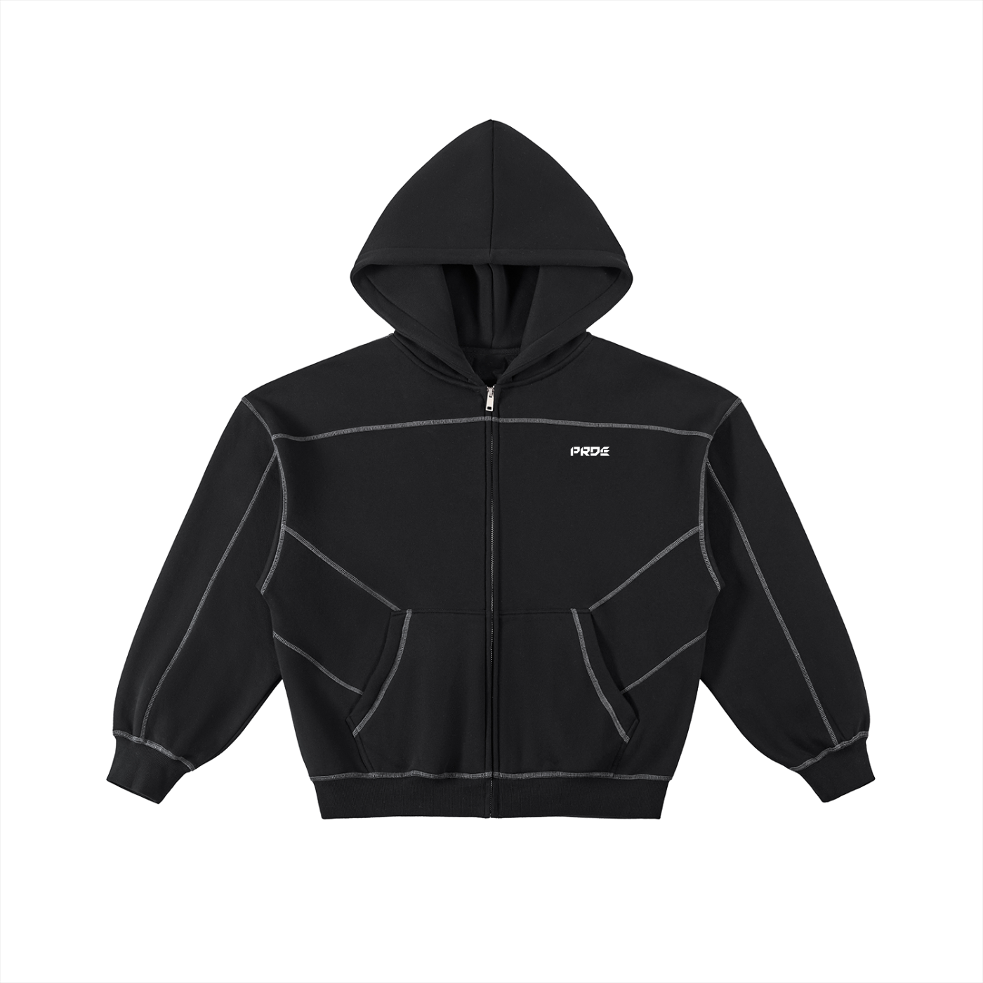 Contrast-Stitched Boxy Fleece Zip Hoodie Black