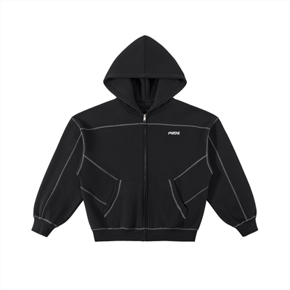 Contrast-Stitched Boxy Fleece Zip Hoodie Black