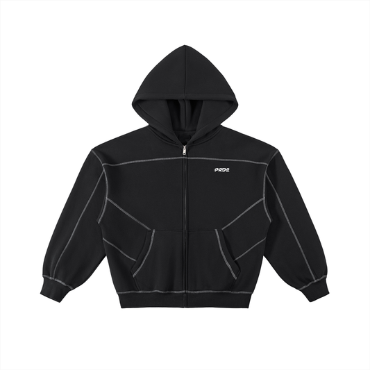 Contrast-Stitched Boxy Fleece Zip Hoodie Black
